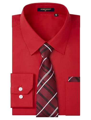 Image of HISDERN Mens Dress Shirt with Tie Pocket Square Set Classic Button Down Shirt Matching Tie Long Sleeve Shirts
