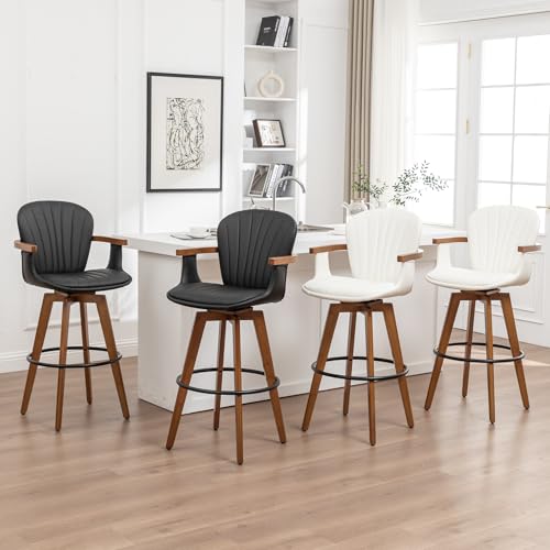 Image of LUNLING 30 inch Bar Height Stools Set of 3.Mid Century Modern Bar Stools,Black PU Leather Kitchen Island Stools,Wood High Barstools Swivel with Back and Arms for Home Bar Furniture