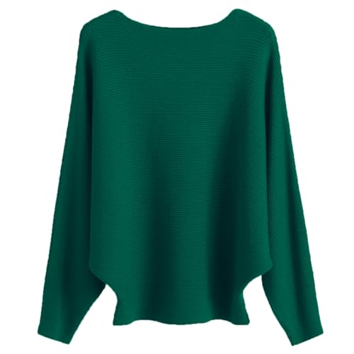 Cegerne Damen Pullover Fledermausärmel Elegant Oversize Pulli Langarm Sweatshirt Strickpullover Batwing Knitted Sweater Oberteil, Dunkelgrün