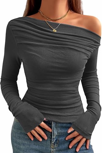 TrendiMax T-Shirt à Manches Longues et col Bateau froncé élégant et ajusté pour Femme dénudées pour Femme Jersey Manches Longues Tunkia Décontracté...