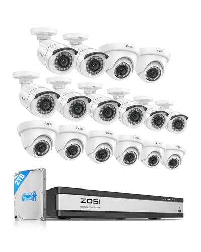 ZOSI H.265+ 1080p 16 Channel Security Camera System, 16CH DVR with AI Human Vehicle Detect, 12 x 2MP Weatherproof Surveillance CCTV Bullet Dome Camera Outdoor, Night Vision, Remote Access, 2TB HDD