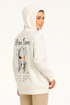 Kap onlu Sweatshirt   Oversize    plik  ardonlu Hoodie,  Other Lives   n - Arka Bask l , Kanguru Cepli, K l k Rahat G nl k Stil - Beyaz