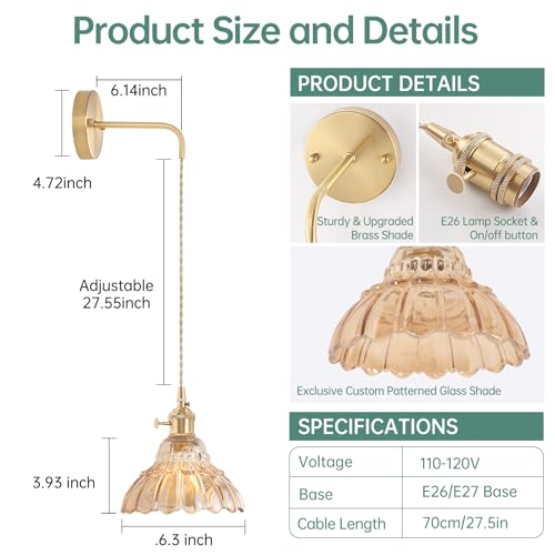 Image of Shenmoyl Vintage Wall Sconce with Amber Lily of the Valley Shade Pattern Glass Adjustable Chain Retro Gold Wall Mounted Light, Modern Wall Lamp Fixtures Decor for Bedside Bedroom Indoor Doorway