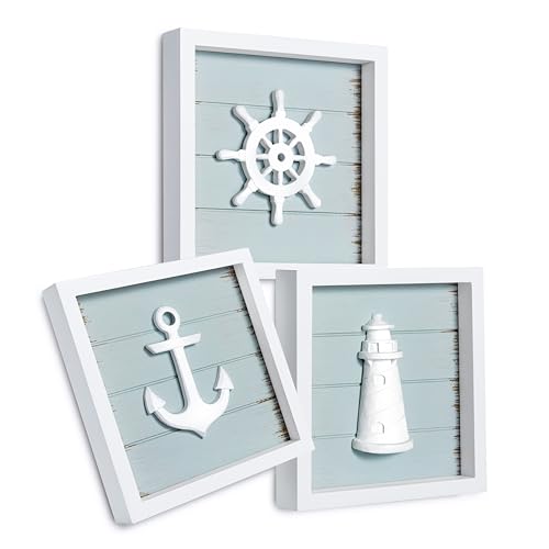 Image of TideAndTales 3D Nautical Wall Decor (7"x7"), Coastal Theme Home Decorations with Anchor, Lighthouse and Ship Wheel, Rustic Ocean Inspired Bathroom Decor - Nautical Gifts - Framed Set of 3