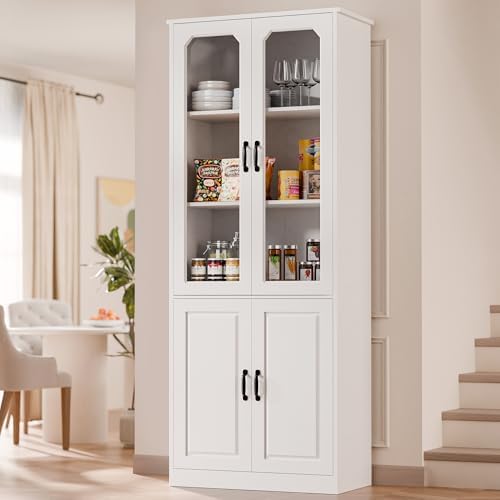 MU 78.7" Tall Kitchen Pantry with 2 Glass Doors, Freestanding Chi...