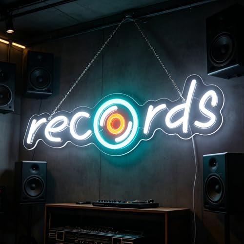 Image of Records Led Sign, Recorder Neon Light, Disc Player Neon Sign, Recording Led Light, Music Show Studio Room Wall Decor, Vinyl Disc Neon Light Bedroom Game Room Wall Art Christmas Birthday Gift