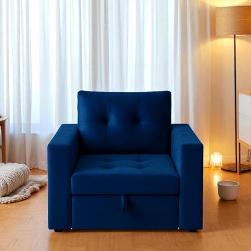 Image of FURNY Tressa 1 Seater Pull-Out Premium Fabric Sofa Cum Bed Sofa Set for Living Room (Blue Fabric)