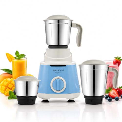 Image of Mixer Grinder | 500W Turbo Motor | 3 Stainless Steel Jars | Overload Protection, Leak Proof Lids, 3 Speed & Pulse Function | Powerful Mixer for Home Kitchen | Blue White