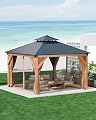 GAOMON Hardtop Spruce Wood Gazebo 10'x10', with Double Roof of Metal Sheets, 4.7'' Heavy Duty Poles, Net, and Curtain, Permanent Building for Patio, Deck, Backyard, Lawn, and Garden, Khaki