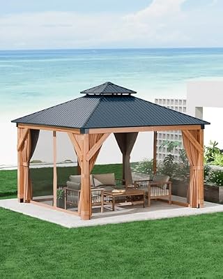 GAOMON Hardtop Spruce Wood Gazebo 10'x10', with Double Roof of Metal Sheets, 4.7'' Heavy Duty Poles, Net, and Curtain, Permanent Building for Patio, Deck, Backyard, Lawn, and Garden, Khaki