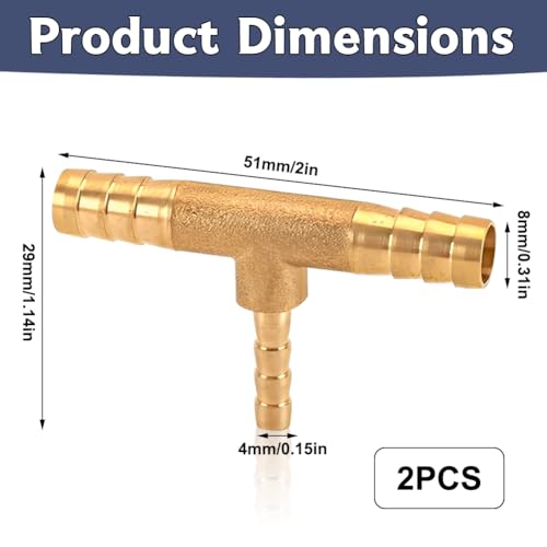 2 Stück Messing Schlauchverbinder, 8x4x8mm T Stück Schlauchtülle, 3-Wege T-förmig Widerhaken Stecker, 8mm Schlauchanschluss Verbinder, T Stück Widerhaken für Luft, Wasser, Kraftstoff und Öl