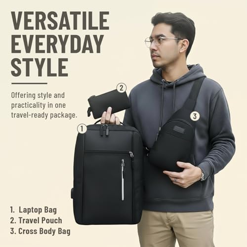 House of HayaLibaas Travel Laptop Bag 3 Set – Waterproof Polyester Backpack Compartments, Lightweight & Durable, Multi-Pocket Organizer, Casual & Functional for School, Work & Travel