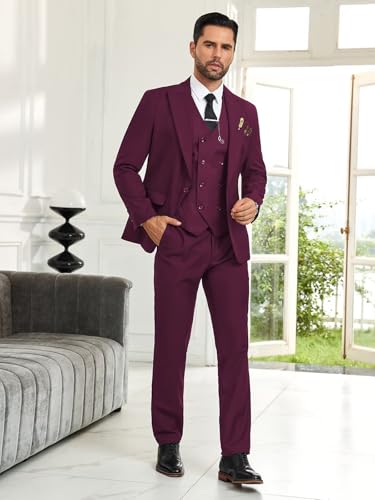 Image of Mens Suit Slim Fit 3 Piece Double Breasted Suit Men Formal Tuxedo Set Casual Wedding Prom Groom Suits