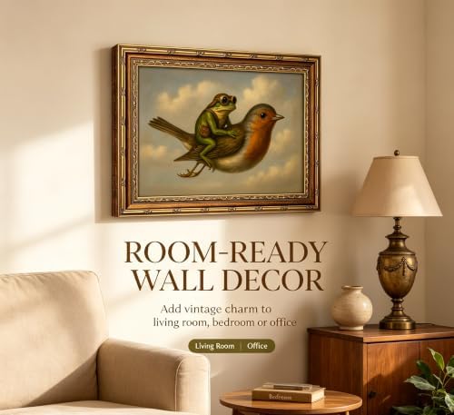 Vintage Gold Framed Whimsical Frog Robin Wall Art, Frog Riding Bird Oil Painting Canvas Print, Whimsical Animal Aviator Wall Decor, Antique Funny Quirky Animal Poster Artwork for Living Room Bedroom — view 3