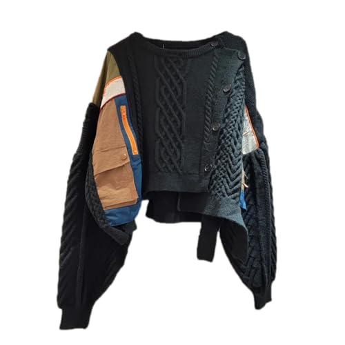 Women Irregular Patchwork Single-Breasted Plaid Stripe Cardigan Sweater Contrast Color