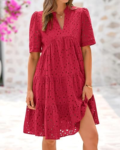 Image of BTFBM Womens Boho Summer Dresses 2026 Spring V Neck Short Sleeve Hollow Out Lace Ruffle Casual Beach Mini Vacation Dress
