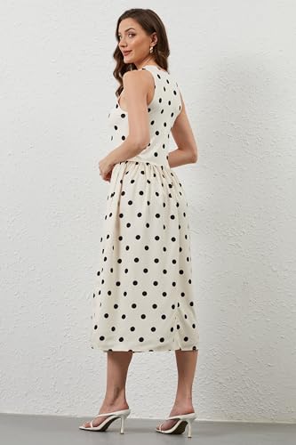 Image of TERIVEEK Women Summer Polka Dots Sleeveless Midi Dress Casual High Neck Patchwork Tank Sundress Boho Flowy Dress with Pockets