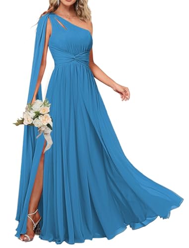 Vestidos de dama de honor con un hombro descubierto para mujer, vestidos de cóctel de gasa fruncidos, sin espalda, talla grande, Azul Océano, 50 Grande