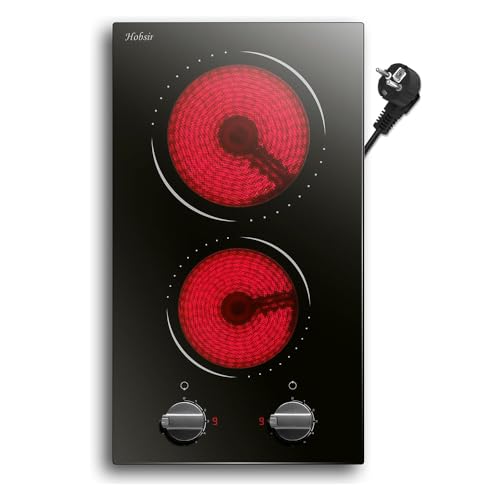 Hobsir Placa Vitrocerámica 2 Fuegos, Mando, 9 Niveles de Potencia, Temporizador, Indicador de Calor Residual, Panel de Cristal Negro, Sin Enchufe（3000W）