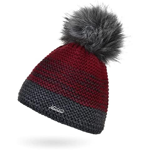 Neverless® Women's Hat Lined Fleece Lining Fur Bobble Faux Fur Winter Hat Bobble Hat Chunky Knit Multicoloured, Dark grey-bordeaux, One Size Fits All Cover