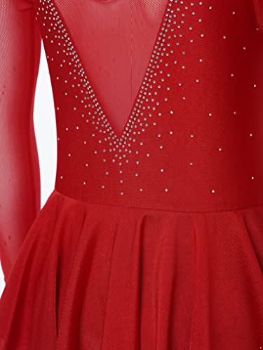 Yuumin Girls Shiny Mock Neck Mesh Spliced Figure Ice Skating Dress Competition Dance Costumes Leotard Ballet Tutu Dress Burgundy Ac 8 Years #TOP5