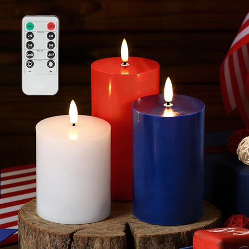 Image of JOIONE Patriotic Flameless Pillar Candles with Remote, 3 Pcs Red White Blue | Battery Operated, Red White Blue, Real Wax, Remote Control, Warm Flickering Glow, 4th of July Independence Day Party Decor