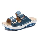 Womens Leather Comfy Platform Low Wedge Heel Buckle Slide Sandals Lake Blue Label size 41-255mm - US 8.5