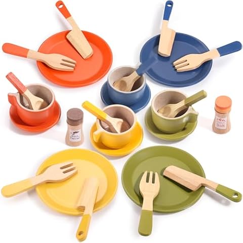 GAGAKU Wooden Play Food Sets for Kids Kitchen,Montessori Wooden Play Food Toys Play Plates and Dishes for Kids Wooden Play Kitchen Accessories Play Dishes for Toddler Boys Girls Gifts Cover