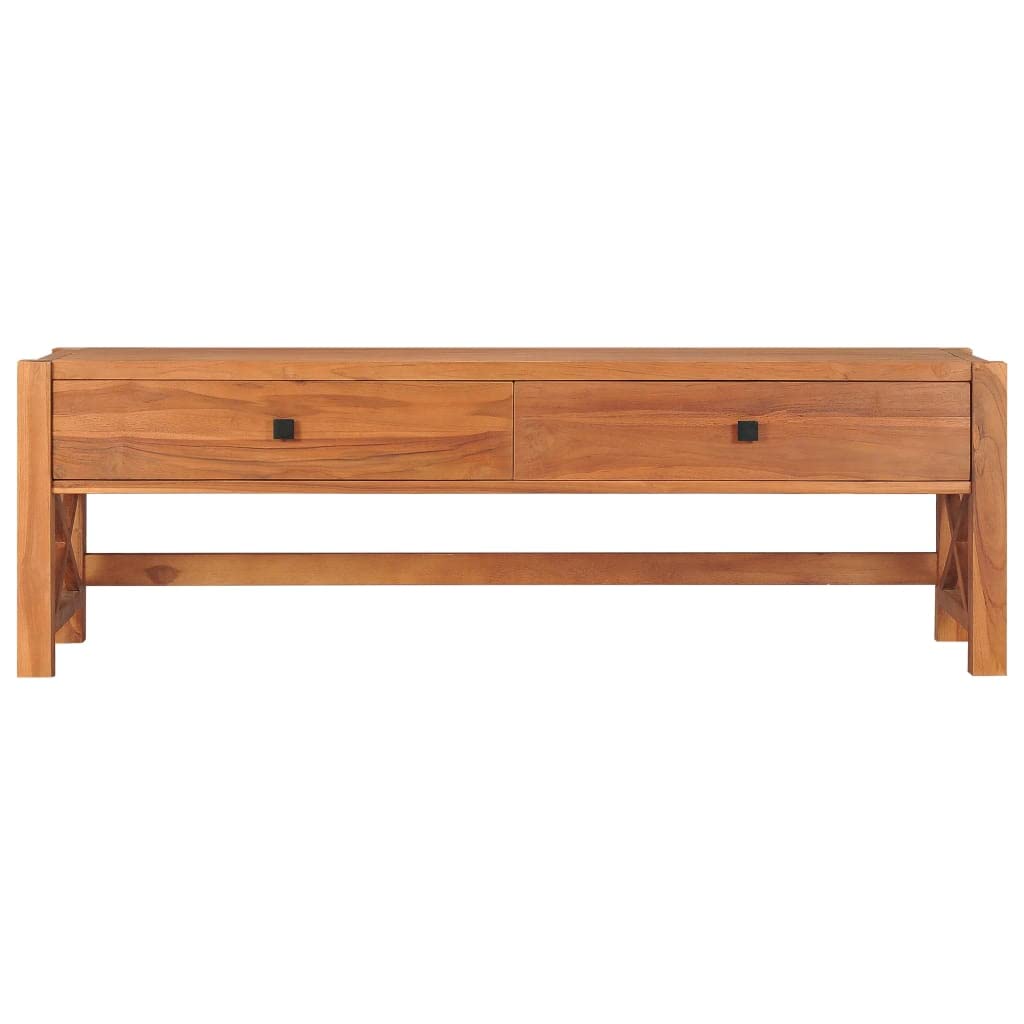Szafka pod telewizor z naturalnego drewna tekowego, 140 x 40 x 45 cm, z 2 szufladami, rustykalny mebel do salonu, stojak na sprzęt AGD i przedmioty dekoracyjne, konstrukcja X