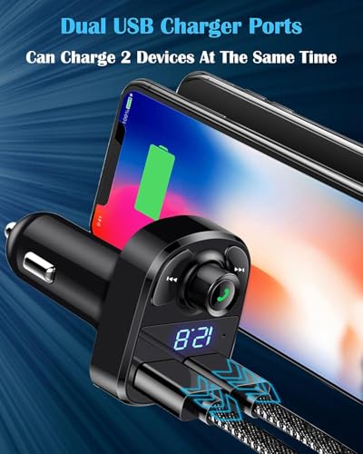 Image of Mobile Charger for Car with Bluetooth 5.0 FM Transmitter, FM Radio Hands-Free Calling, 3.1A Dual USB Fast Charging, Real-Time Car Battery Voltage Display,Supports USB Drive MP3 Playback