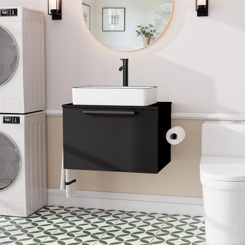 ZealWe Badmöbel-Set Waschtisch mit Unterschrank 60cm, Waschbeckenunterschrank mit Waschbecken, Badezimmermöbel Matt Schwarz Badezimmerschrank Hängend, 2-teilig, für kleine Bäder Gäste WC, Weiß
