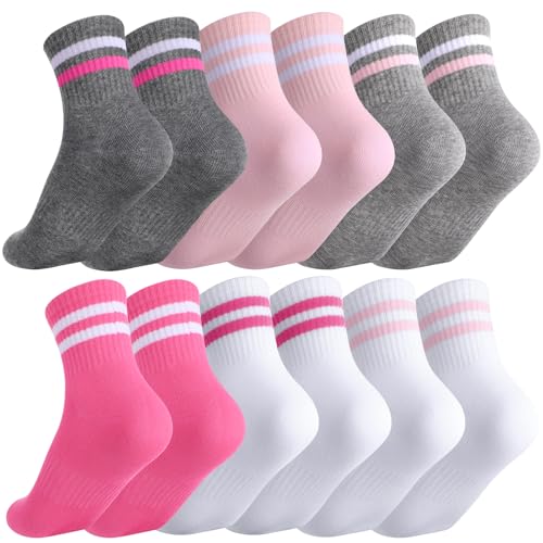Utensilsto 6 Paar Kinder Sportsocken 29-33 Tennissocken Jungen Mädchen Baumwolle Crew Socken mit Retro Streifen Herzen, Sportsocken für Mädchen und Jungen rosa, weiß, grau