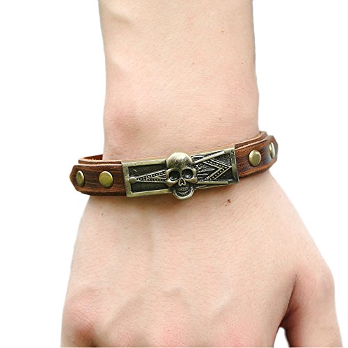 JSEA Vintage Metal Embossed Masonic Freemasonry Skull Brown Leather Bracelet Bangle4