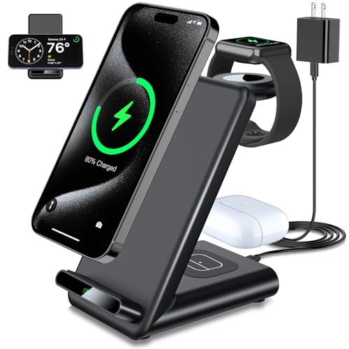 Wireless Charging Station,3 in 1 Wireless Charging Stand Made for Apple Watch Ultra 9 8 7 6 SE 5 4 3,Fast Wireless Charger Made for iPhone 15/Plus/Pro Max/14/13/12/11/X,for AirPods Pro(with Adapter)