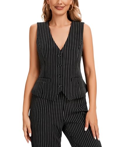 Women's Striped Suit Vest Top V Neck Sleeveless Button Down Business Formal Waistcoat Crop Tank Tops