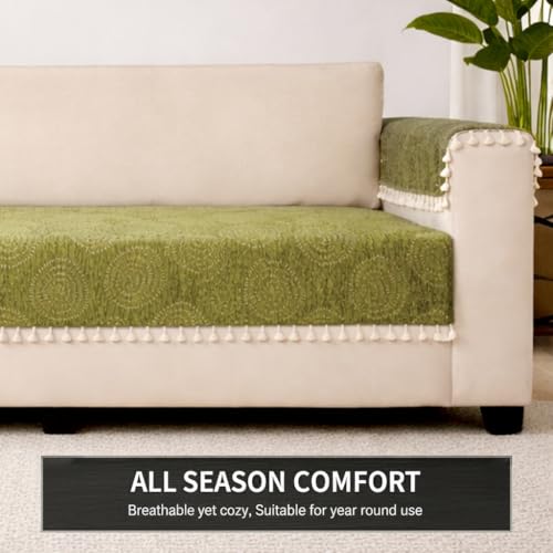 Image of STITCHNEST Woven Fabric Sofa Cover 3 Seater with 2 Hand Rest Covers - Washable Green Sofa Cover with Tassels - Durable Premium Fabric - Stylish Sofa Protector for Living Room & Furniture Decor