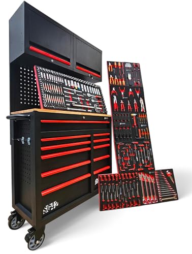 DeTec. Chariot à Outils XXXL | Servante d'atelier 11 tiroirs 9 remplis | Établi Mobile avec Plateau en Bois | Armoire à Outils Roulant et Bien remplie...