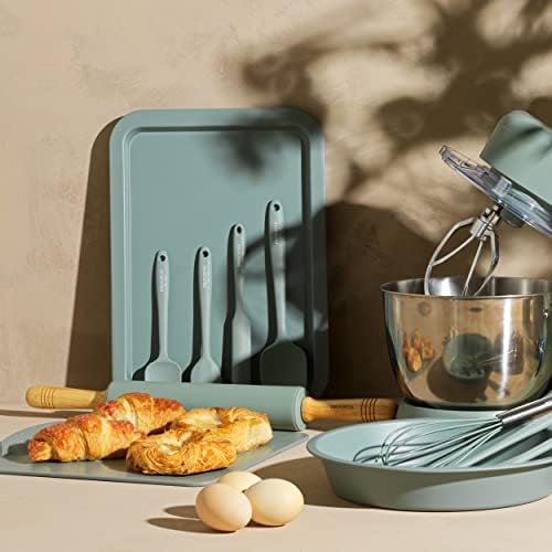Progress COMBO-8310 Baking Sheet & Rolling Pin Set, Non-Stick Reusable Oven Tray, Silicone Dough Roller with Wood Handles, PFOA-Free, for Cookies, Biscuits, Pastry, Icing, Go Bake Collection, Teal