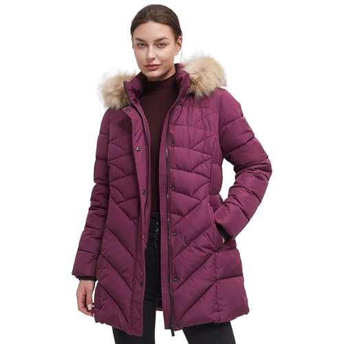 BINACL Women's Thickened Running Ski Jacket, Mountain Snow Outing Windproof Down Alternative Hiking Quilted Parka Puffer Classic Jacket with Faux Fur Hood(Wine Red,S)