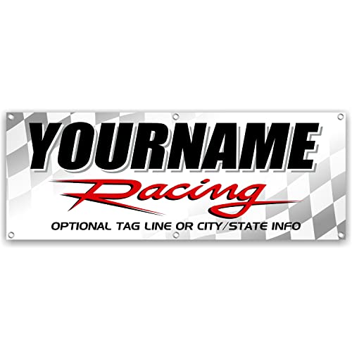 MxNumbers - Custom Your Race Team Name Racing Banner | Personalized Banner With Your Custom Text, Color & Size with Race Flags | Great for Race Day, The Pit, or Garage