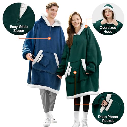 Giggling Getup Wearable Blanket Hoodie for Women Men Gifts for Women Mom Wife Sherpa Fleece Hooded Blanket Sweatshirt Cozy Sherpa Wearable Throw with Pocket & Sleeves for Adult Standard Forest Green