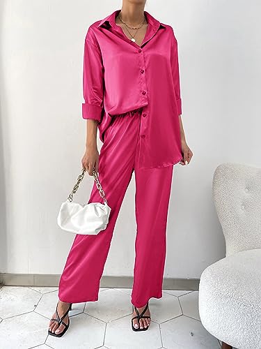 Image of Ekouaer Womens Satin Silky Pajama Set 2 Piece Print PJs Soft Loungewear Button Down Sleepwear with Elastic Waist Long Pants