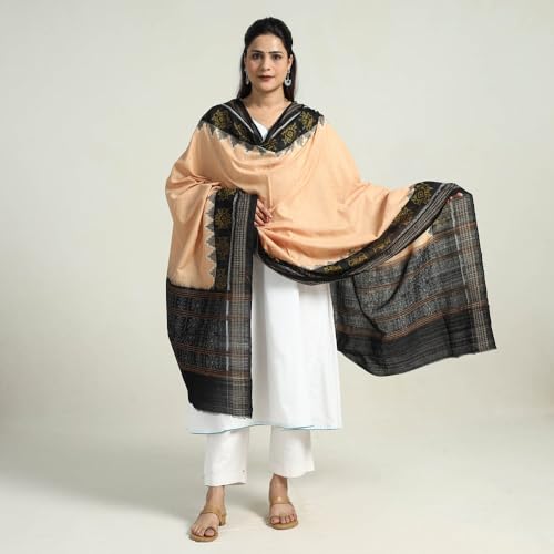 Image of Cotton Dupatta with weaving and Ikat woven border from the Weavers Stole for Girls & Women