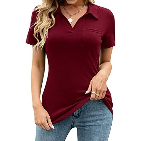 AKEWEI Women's V Neck Polo Shirt with Pocket Wine Red M thumbnail