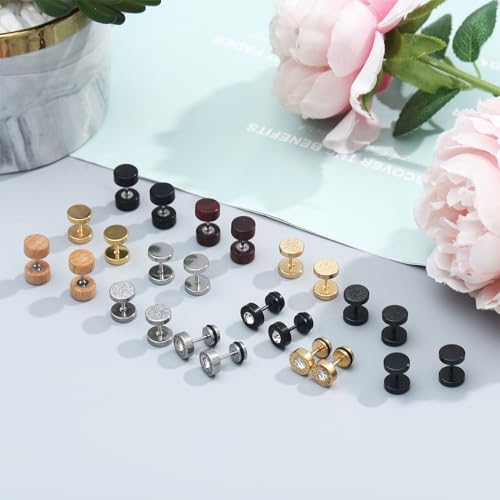 12 Pairs Stainless Steel Stud Earrings for Men Faux Gauges Earring Hypoallergenic Earring Flatback Dot Studs Screw Back Earrings for Women Men3