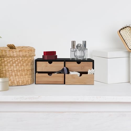 Relaxdays Organizer na biurko, 4 szuflady, bambus i MDF, organizer na biurko, wys. x gł.: 13,5 x 33 x 21 cm, naturalny/czarny