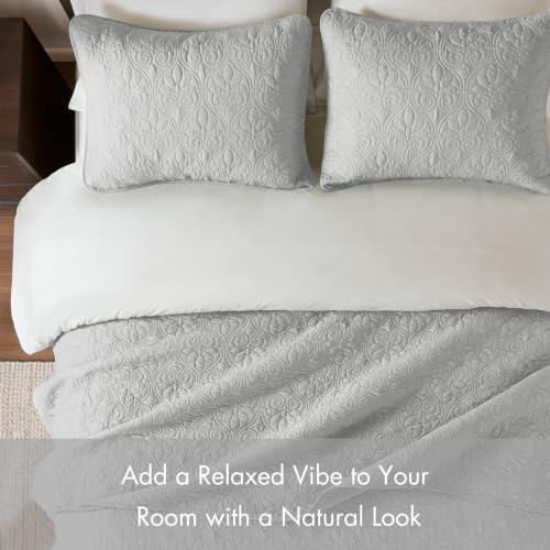 Image of Madison Park Luxurious Cotton Damask Quilt Set, 3PC Full /Queen Bed Set | All Season, Lightweight Stitching Coverlet Bedspread Bedding Stitching with Shams, Grey
