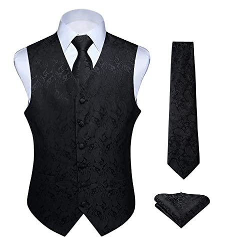 Image of HISDERN Mens Vest Tie Set 3PC Formal Waistcoat Paisley Floral Jacquard Necktie Pocket Square Suit Vests Wedding Party