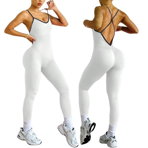 XDSP Tuta Intera Sportiva Elegante Donna - Jumpsuit Tight Scrunch Butt V Back Senza Maniche - Senza Schiena Elasticizzata One Piece per Yoga Palestra Bodysuit