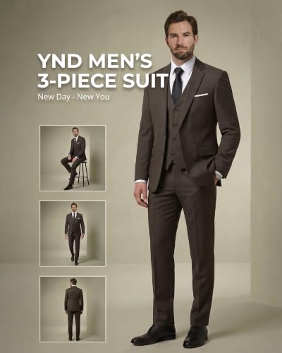 Image of YND Men's 3 Piece Suit with Tie, Solid Color Slim Fit Jacket Vest and Pants